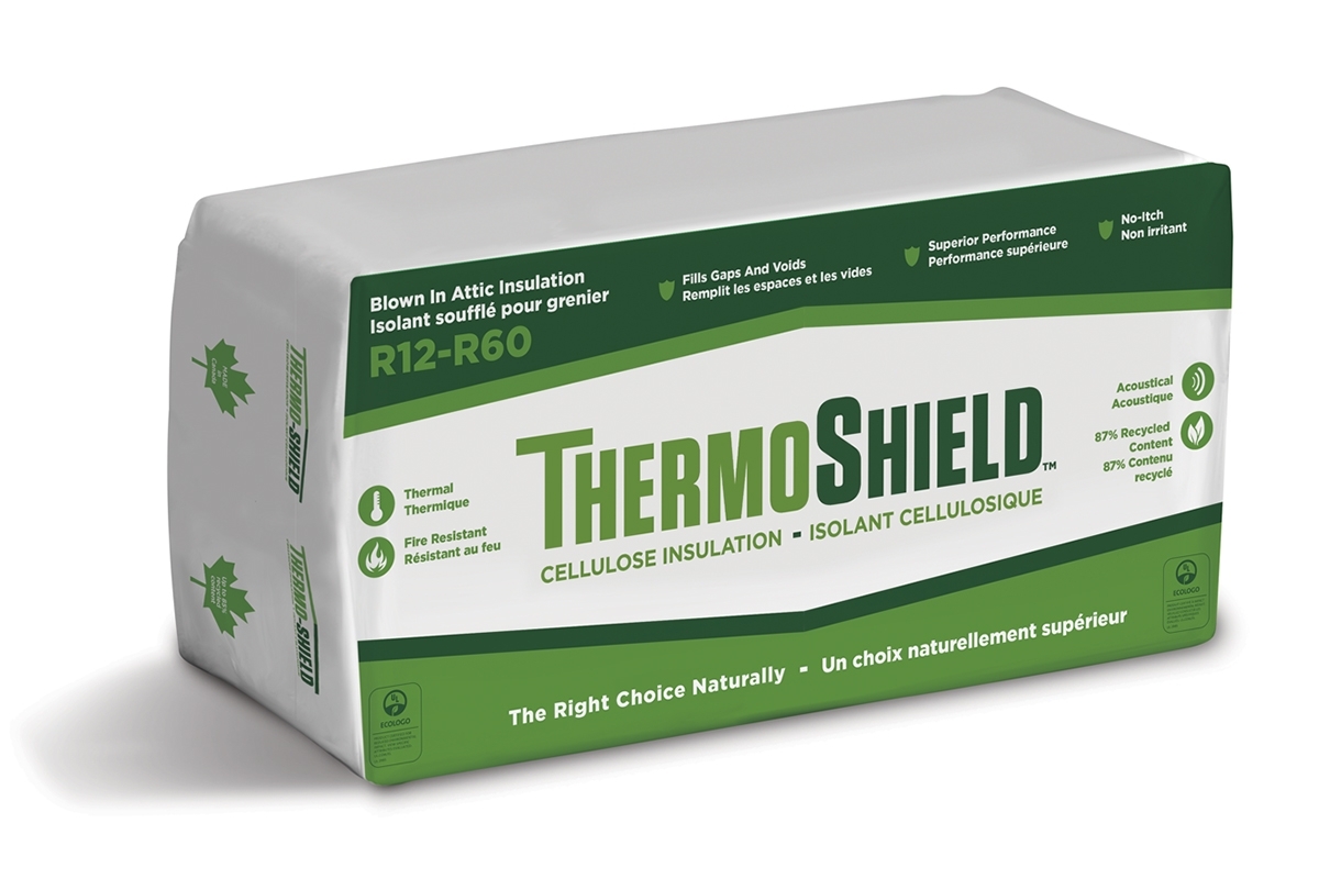 Sac de cellulose ThermoShield 25 lb photographié sur fond blanc avec mise au point sur l’étiquette